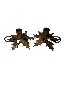 Brass Candle Holders Holly Leaves with Handles Christmas Victorian Style